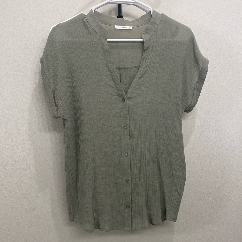 Timing green button up shirt